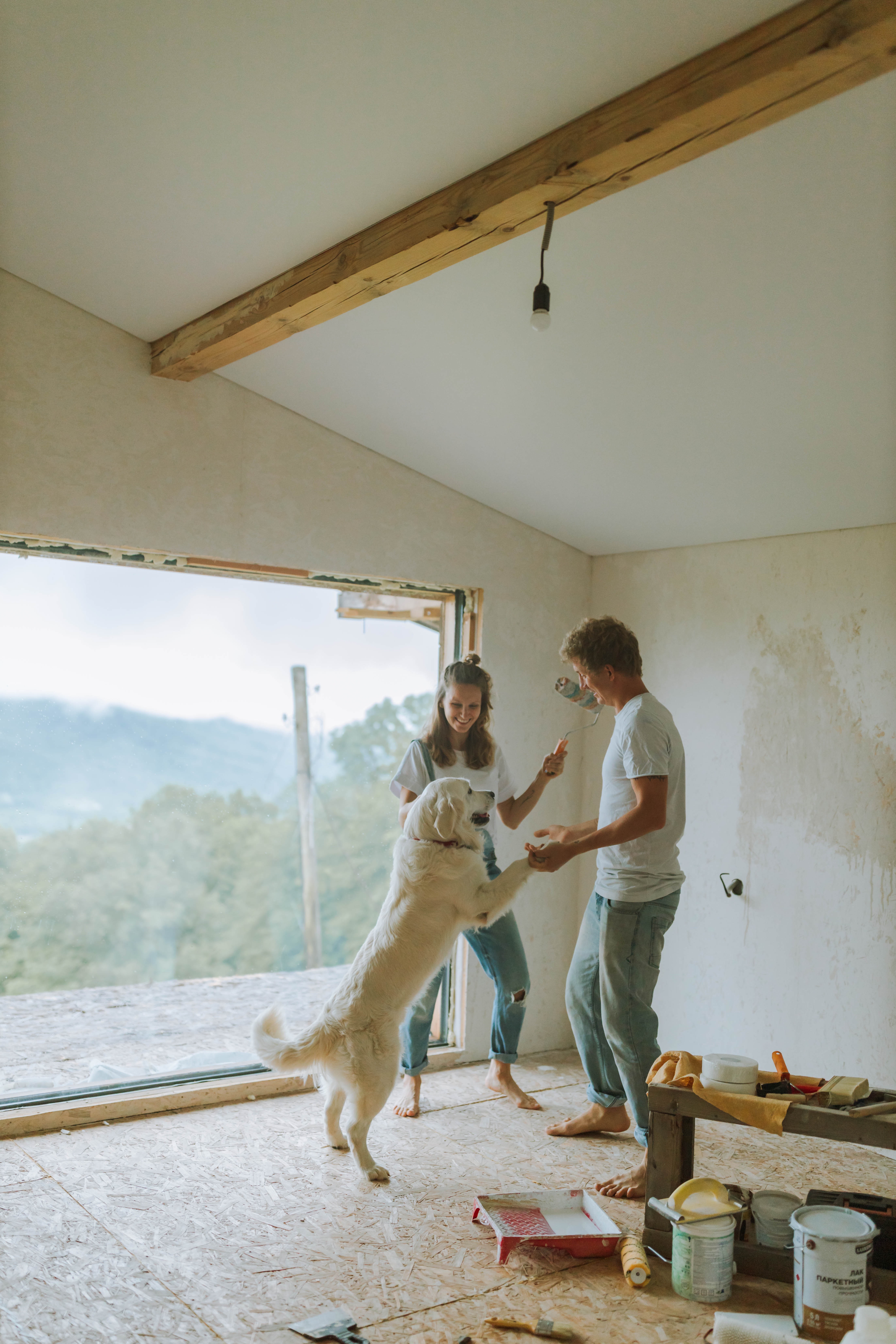 casal brincando com o cachorro em reforma de apartamento alugado